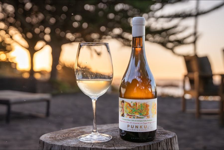 Copa de vino blanco con el atardecer de fondo