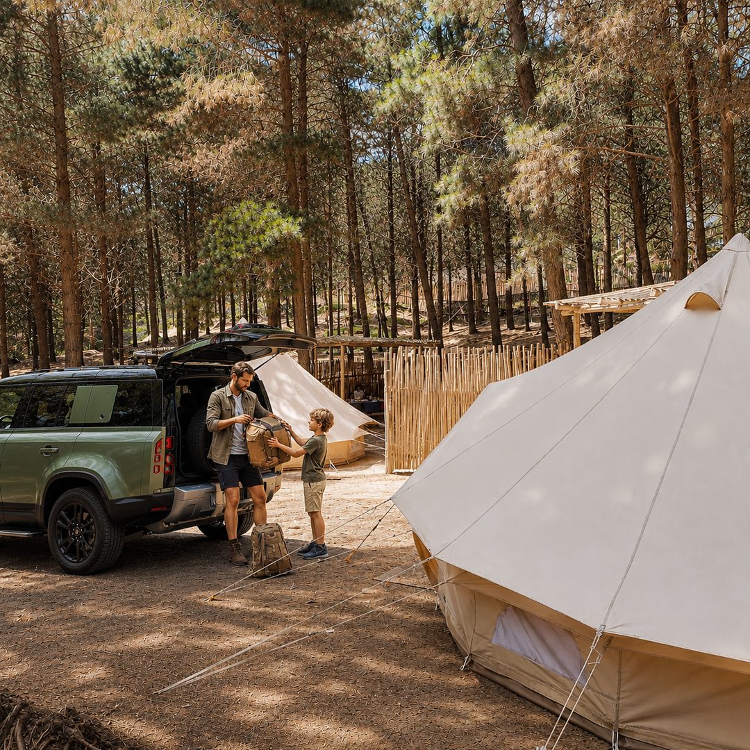 Vehículo y carpa tipo iglú en un sitio del camping