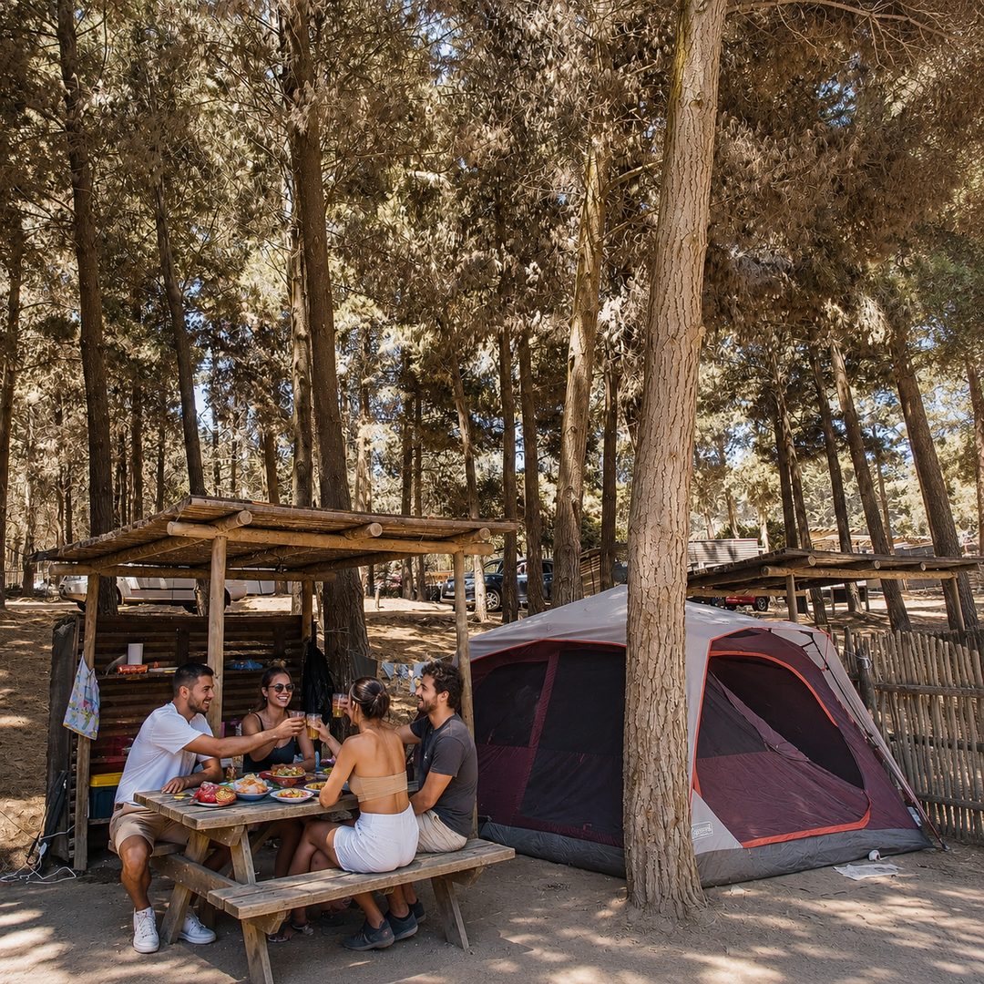 Grupo acampando con carpa familiar entre los árboles