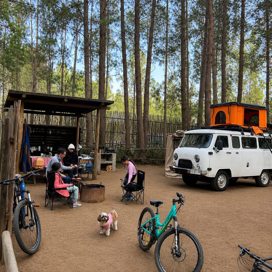 Sitio con vehículo, carpa y bicicletas en el camping