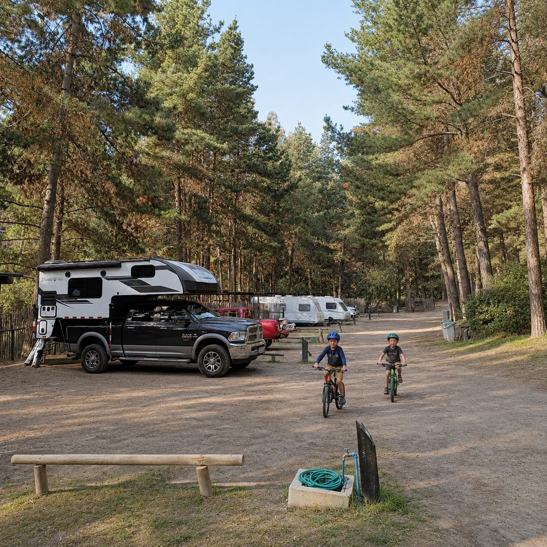 Motorhome y carpas en un sitio amplio del camping