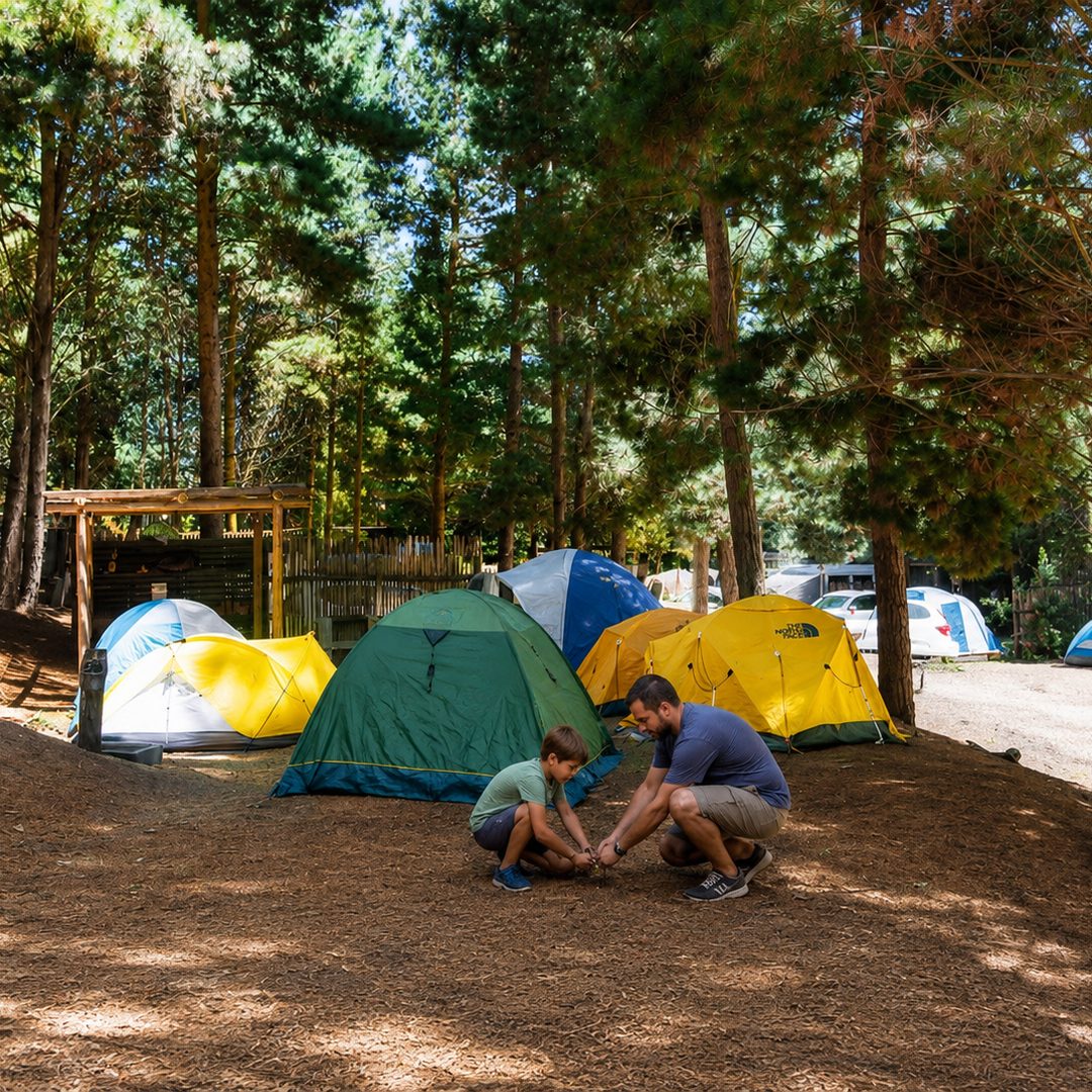 Carpas de colores armadas en un sitio del camping