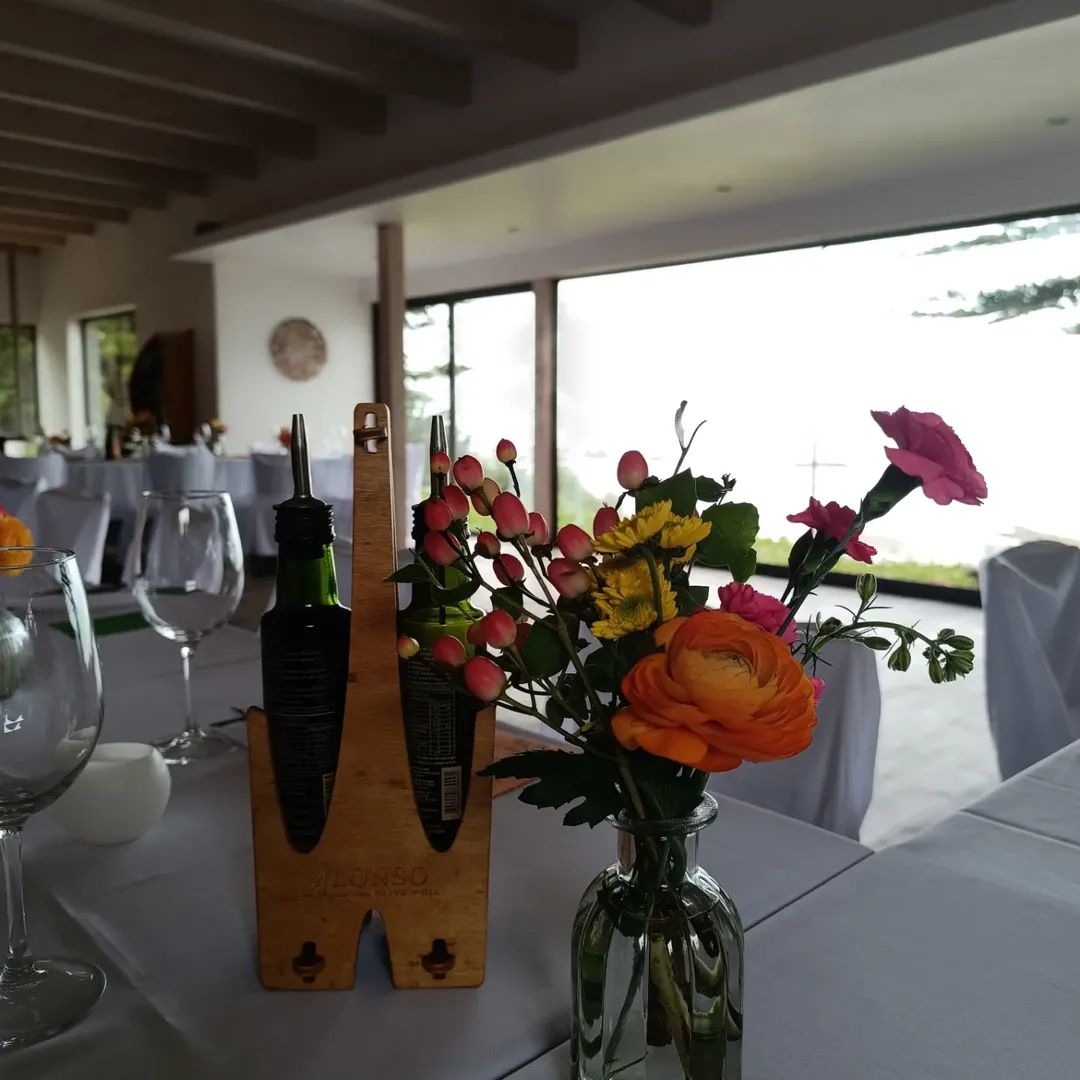 Invitados celebrando bajo banderines